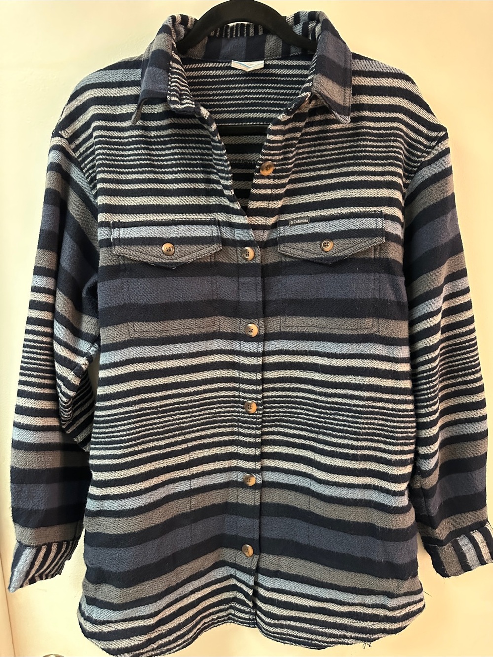 Columbia Navy and Gray Striped Utility Shacket